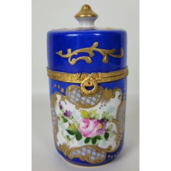 Vintage Limoges Main Hand Painted Blue Gold Floral Trinket Box Pillbox France - Picture 1 of 10